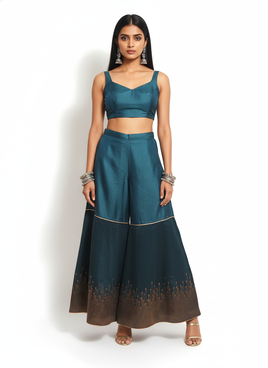 Woman wearing a teal traditional plazzo pant on a white background