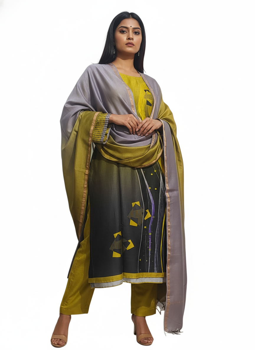 Semi Stitched Chanderi Casual Suitset