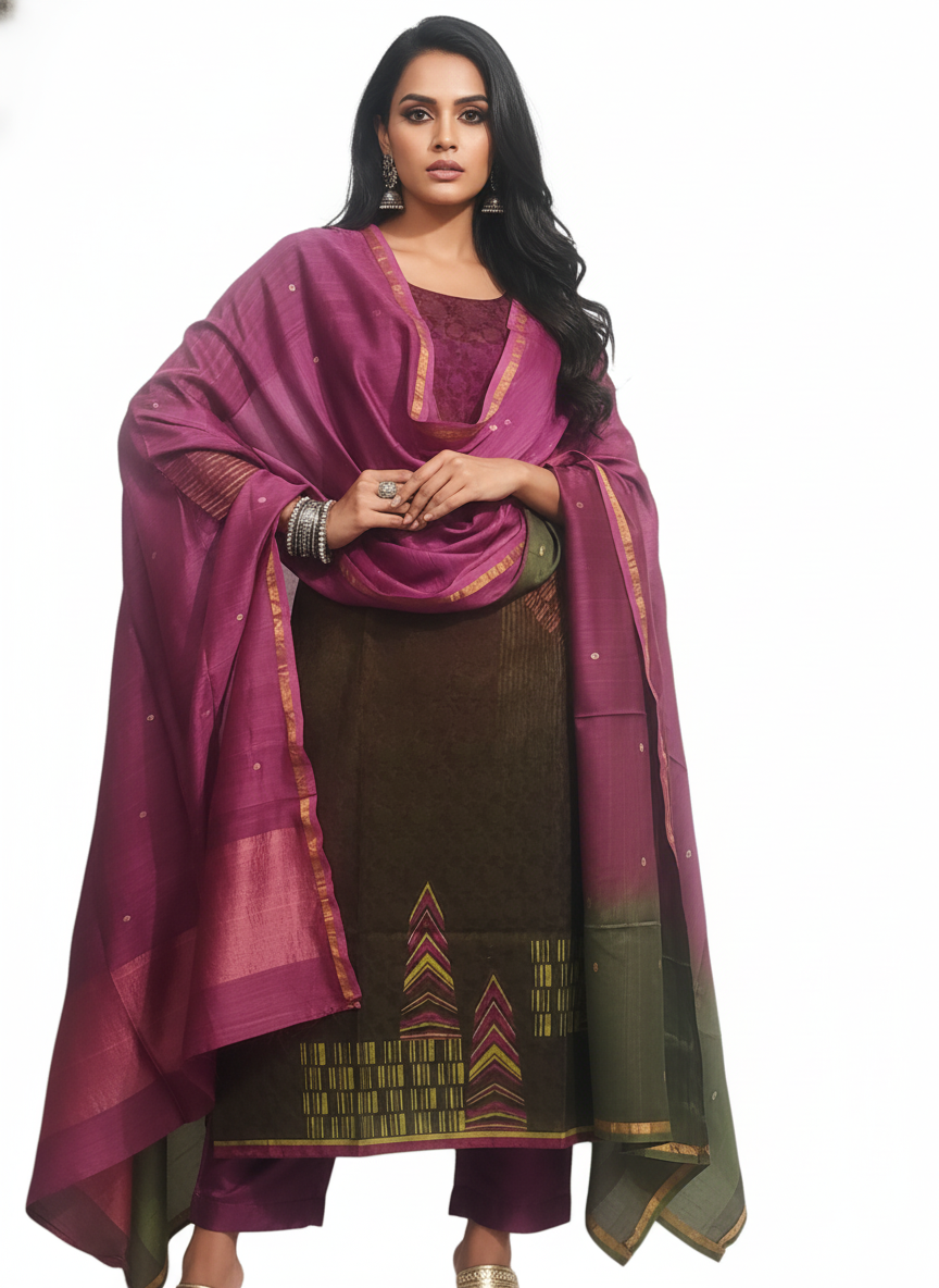 Semi Stitched Chanderi Casual Suitset
