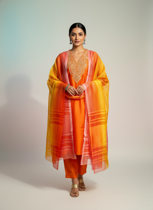 Semi Stitched Casual Chanderi Suitset