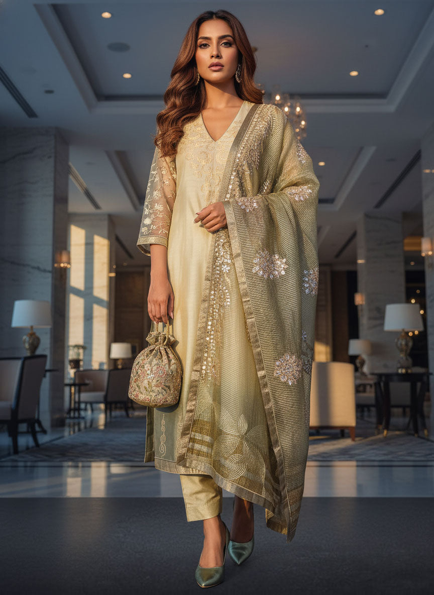 Semi Stitched Formal chanderi Suitset