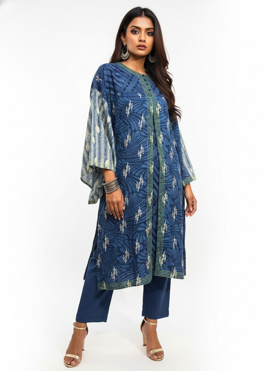 Semi Stitched Cotton Indigo blockprinted Kurta