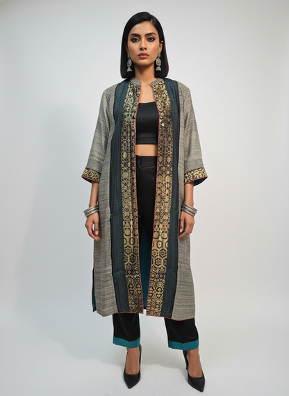 Stitched tassar silk long Jacket