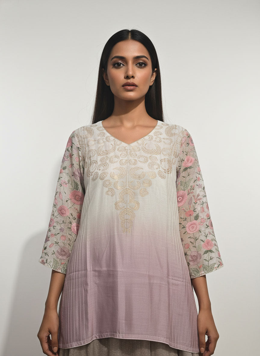 Stitched embroidered textured gold lilac skirt set