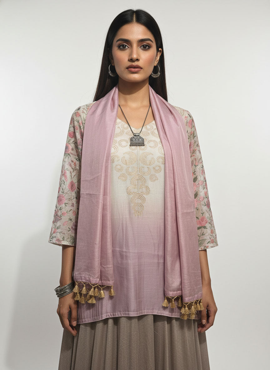 Stitched embroidered textured gold lilac skirt set