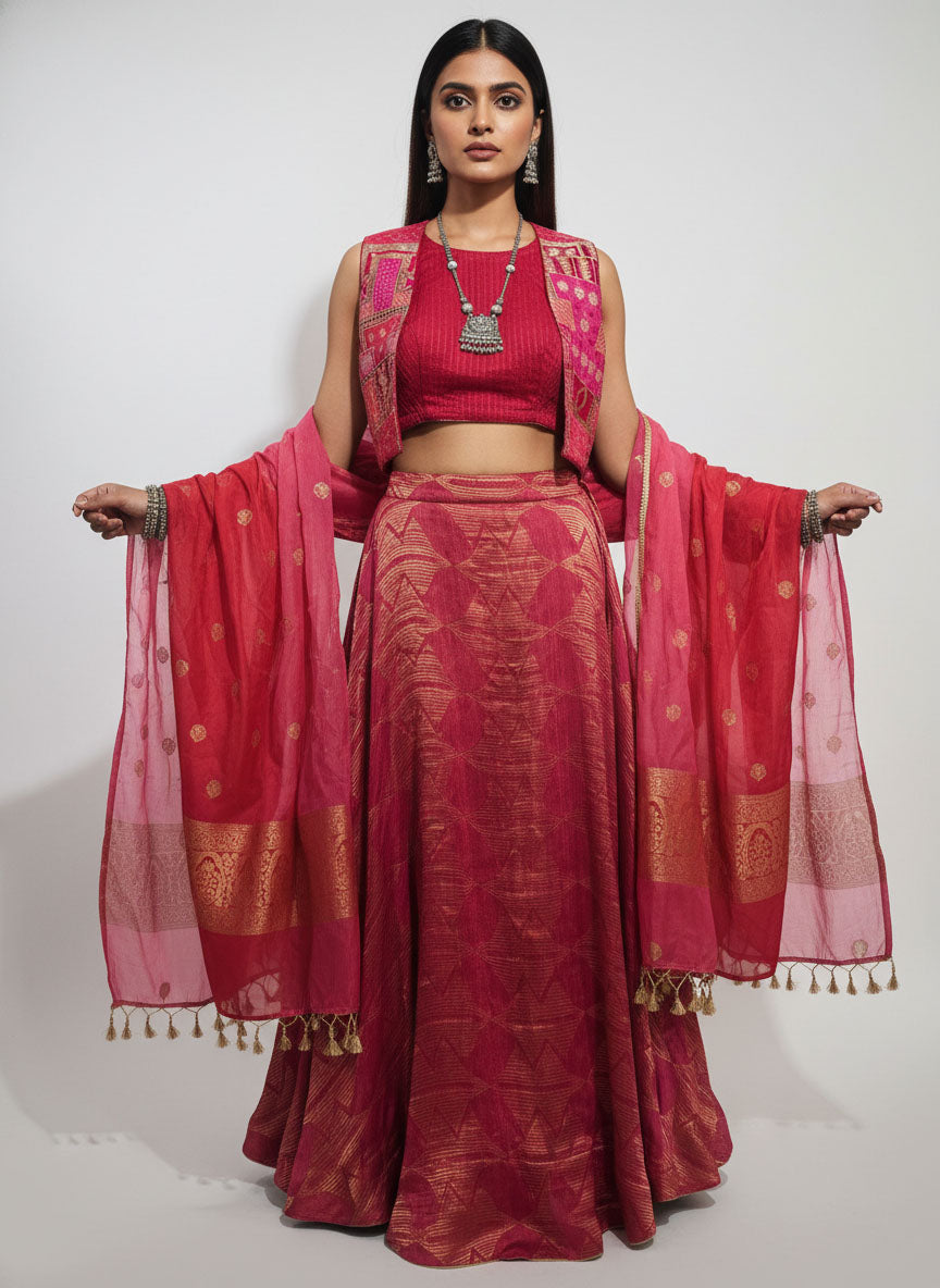 Stitched Chanderi brocade skirt set