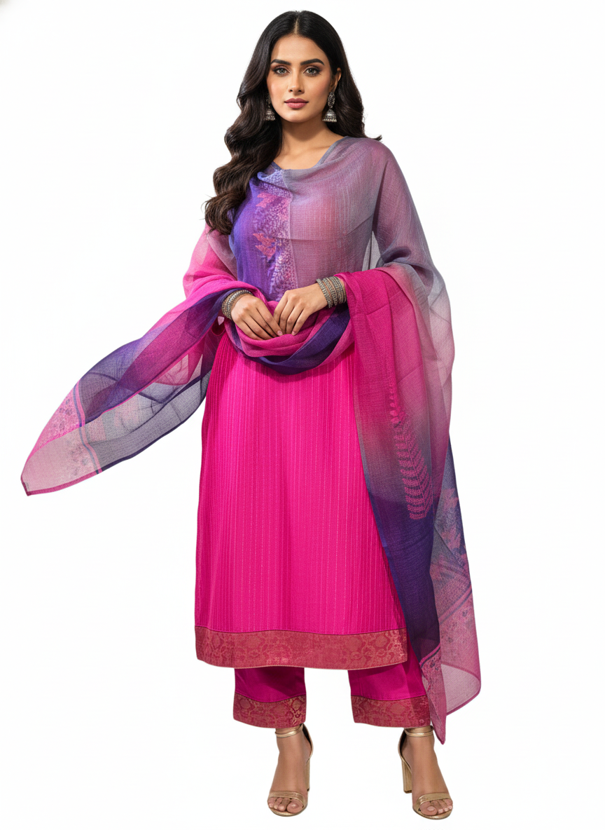 Semi Stitched Chanderi Casual Suitset