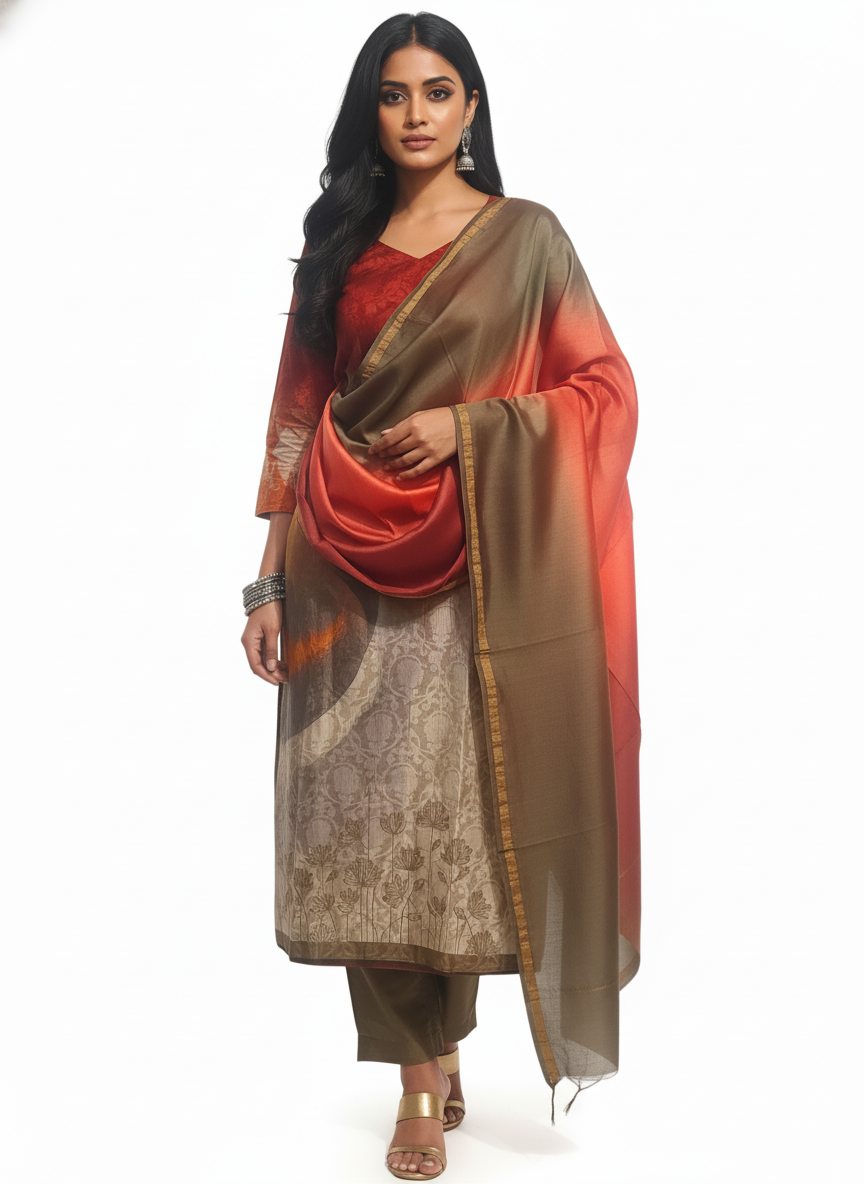 Semi Stitched Chanderi Casual Suitset