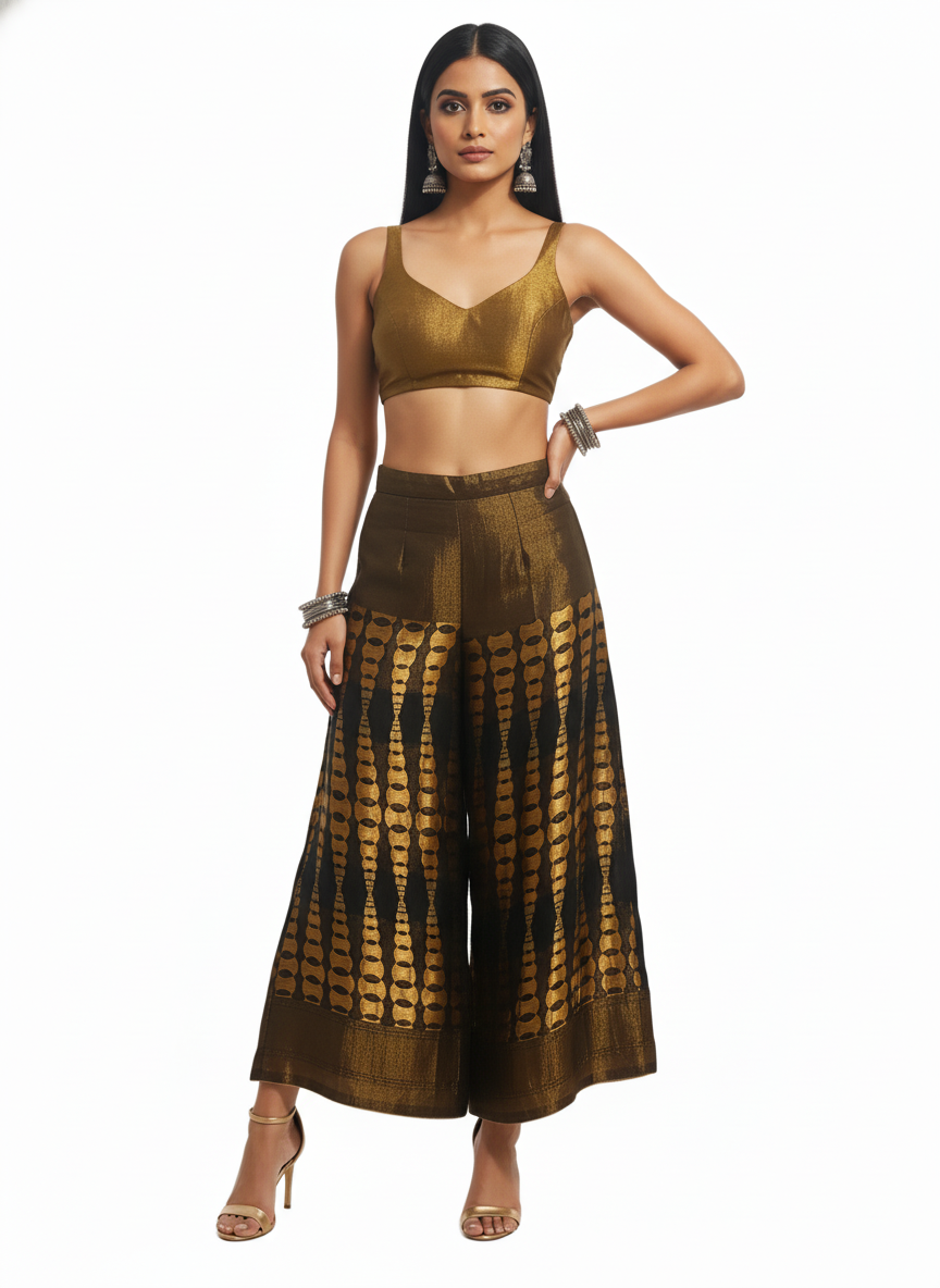 Woman wearing a gold top and black and gold patterned plazzo on a white background