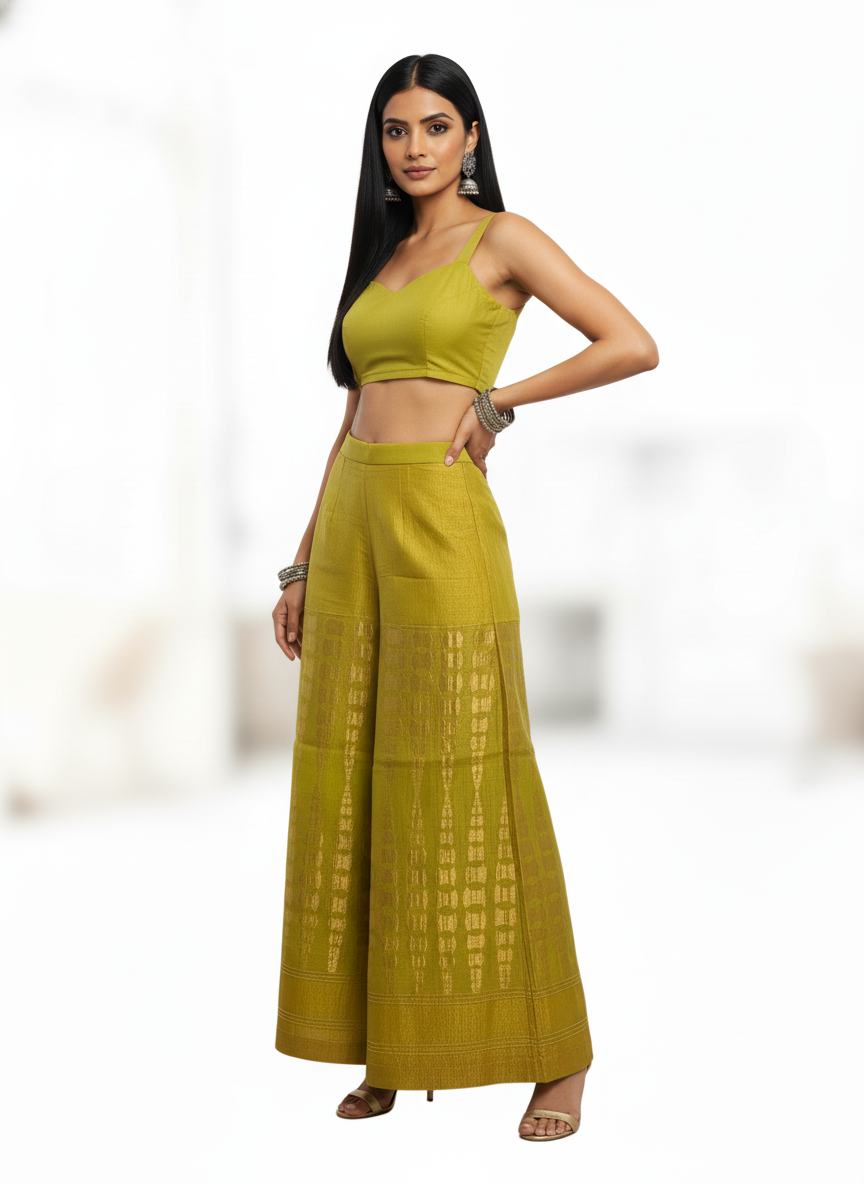 Woman wearing a green plazzo pant with a white background