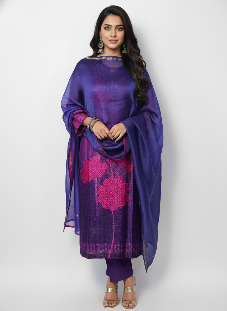 Semi Stitched Brocade Chanderi Casual Suitset