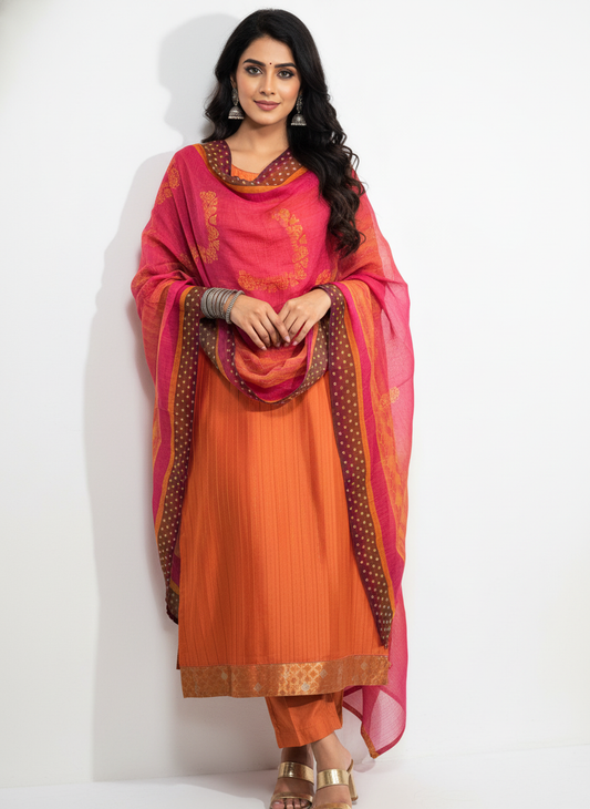 Semi Stitched Chanderi Casual Suitset