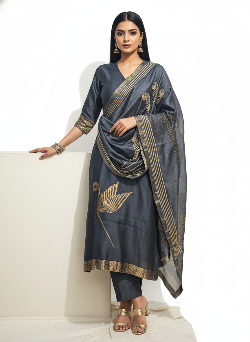 Semi Stitched Formal chanderi Suitset