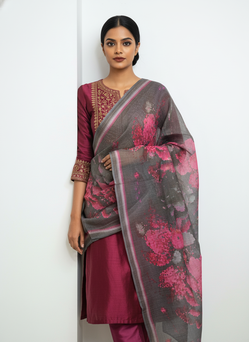Printed silk linen Dupatta