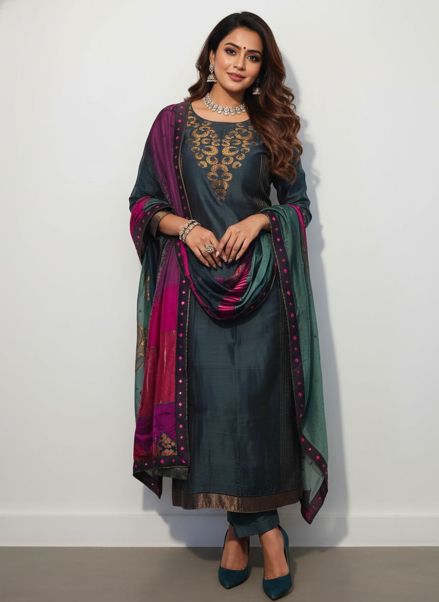 Semi Stitched Formal chanderi Suitset