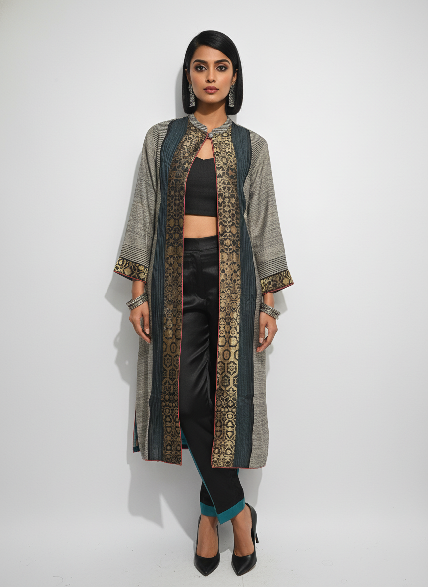 Stitched tassar silk long Jacket