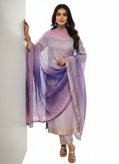 Semi Stitched Chanderi Casual Suitset