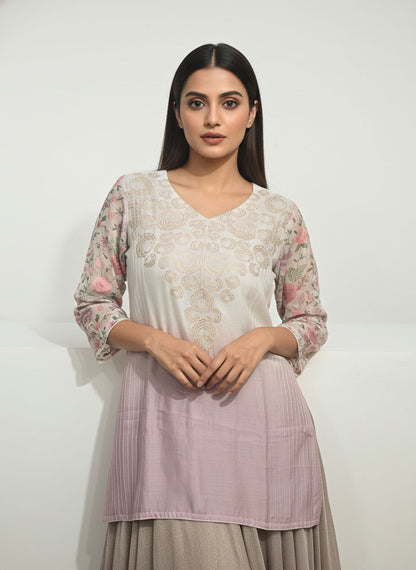 Stitched embroidered textured gold lilac skirt set