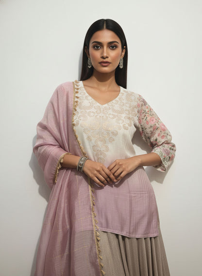 Stitched embroidered textured gold lilac skirt set