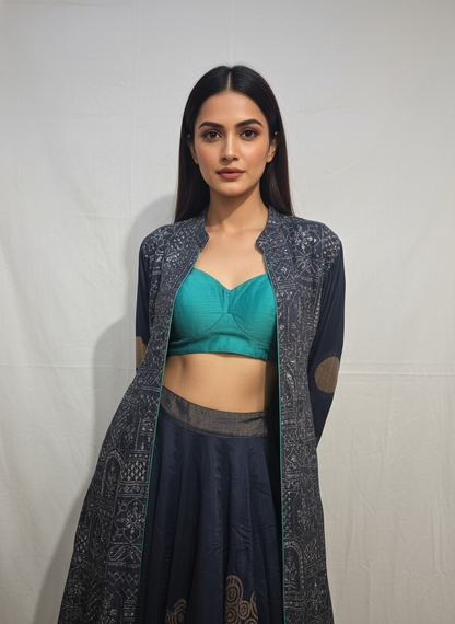 Stitched Chanderi long Jacket with skirt VISHAL KAPUR STUDIO