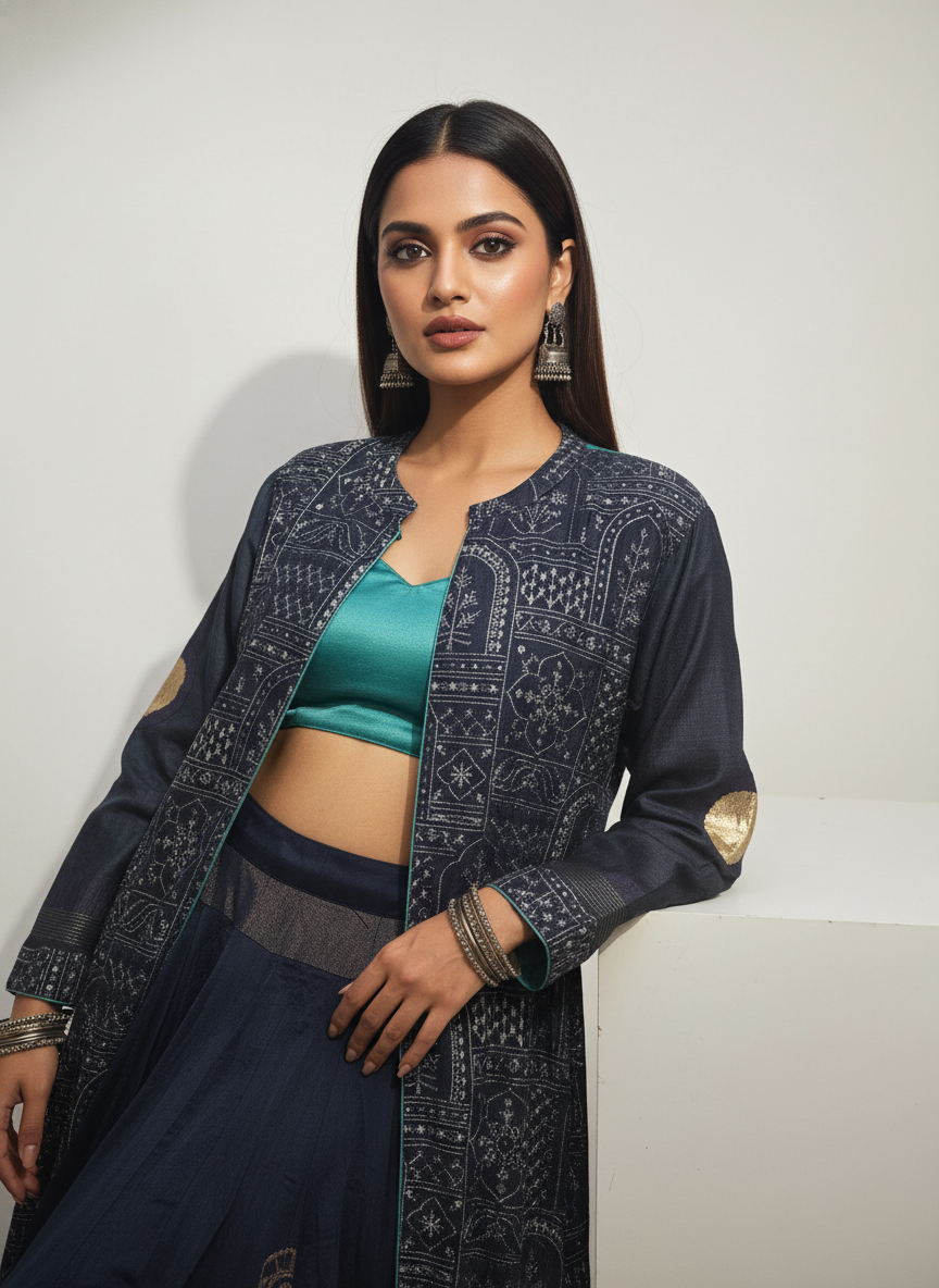 Stitched Chanderi long Jacket with skirt VISHAL KAPUR STUDIO