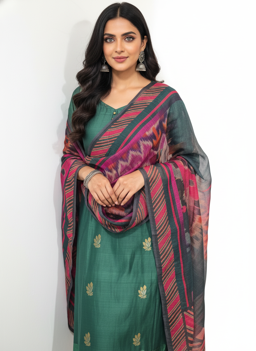 Semi Stitched Chanderi Casual Suitset