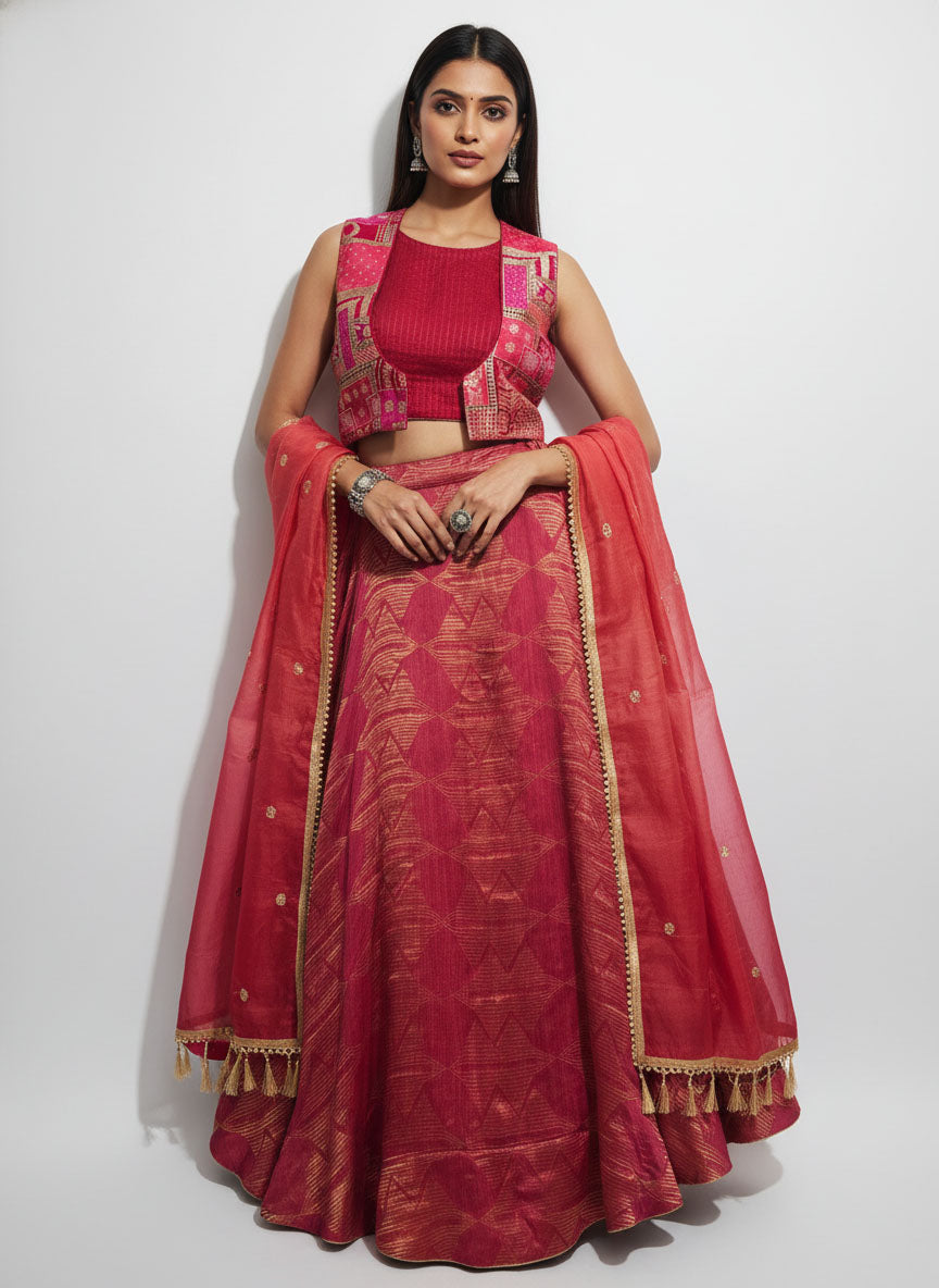 Stitched Chanderi brocade skirt set