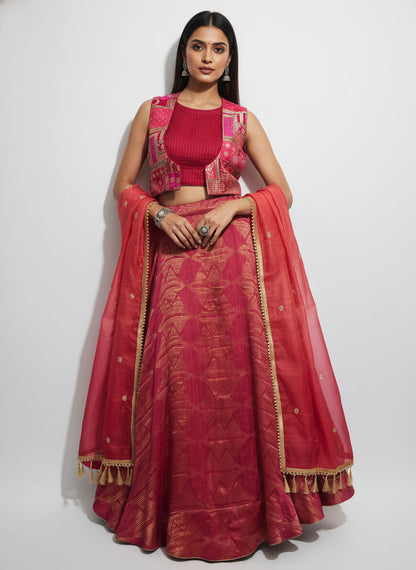 Stitched Chanderi brocade skirt set