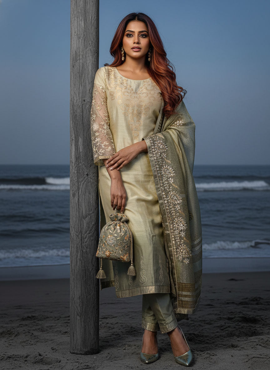 Semi Stitched Formal chanderi Suitset
