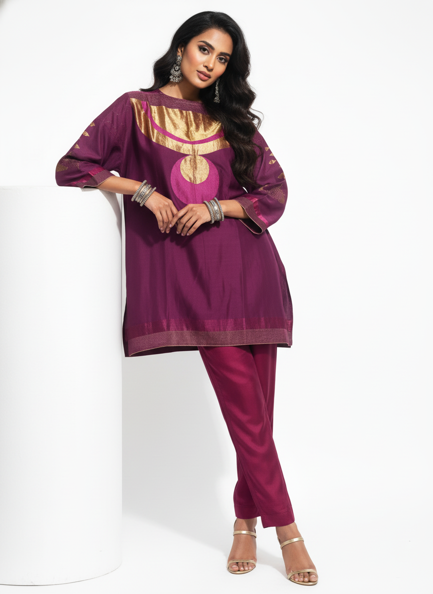 Semi Stitched Chanderi Zariwoven Short Tunic