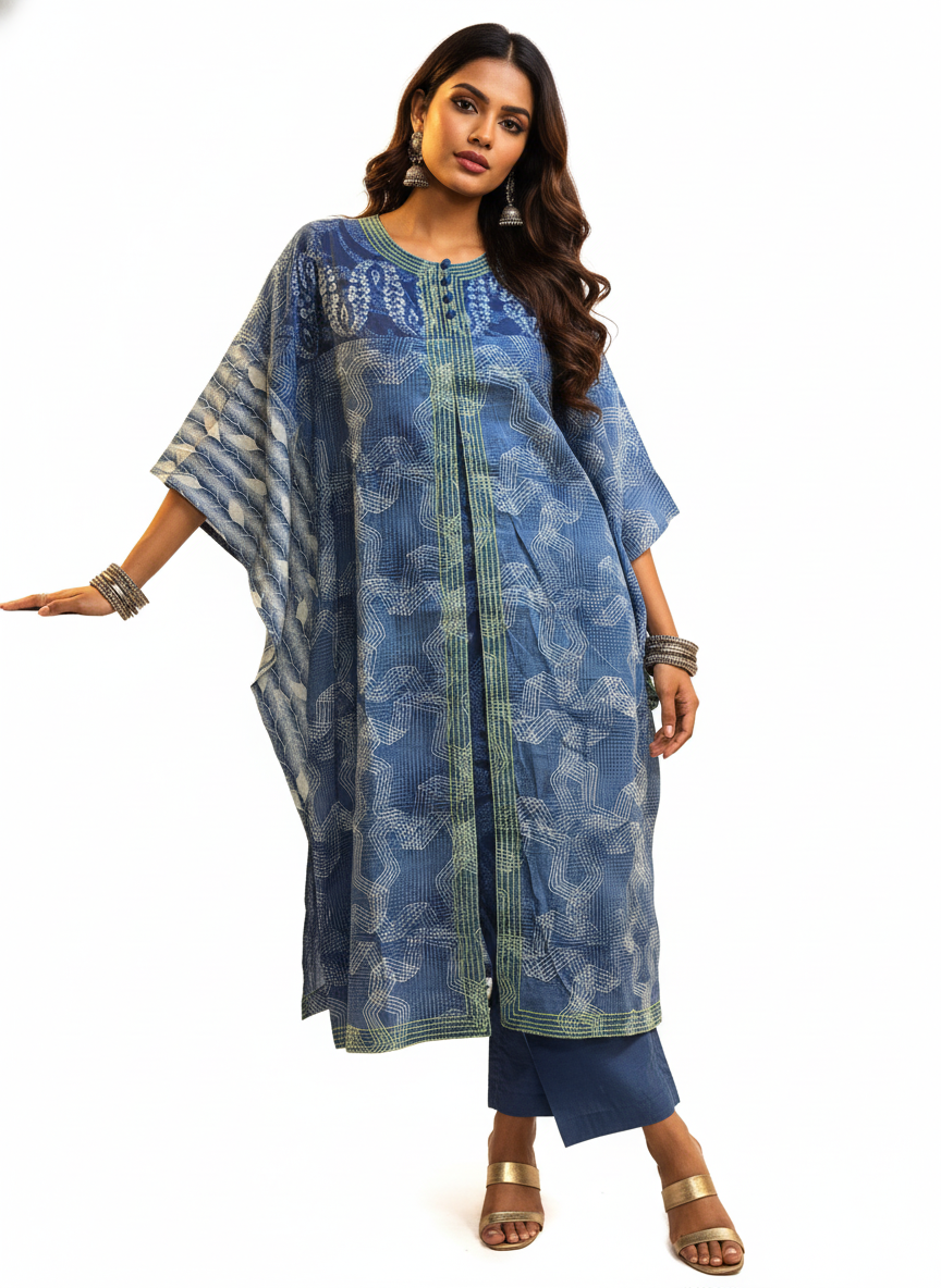 Semi Stitched Cotton Indigo blockprinted Kurta