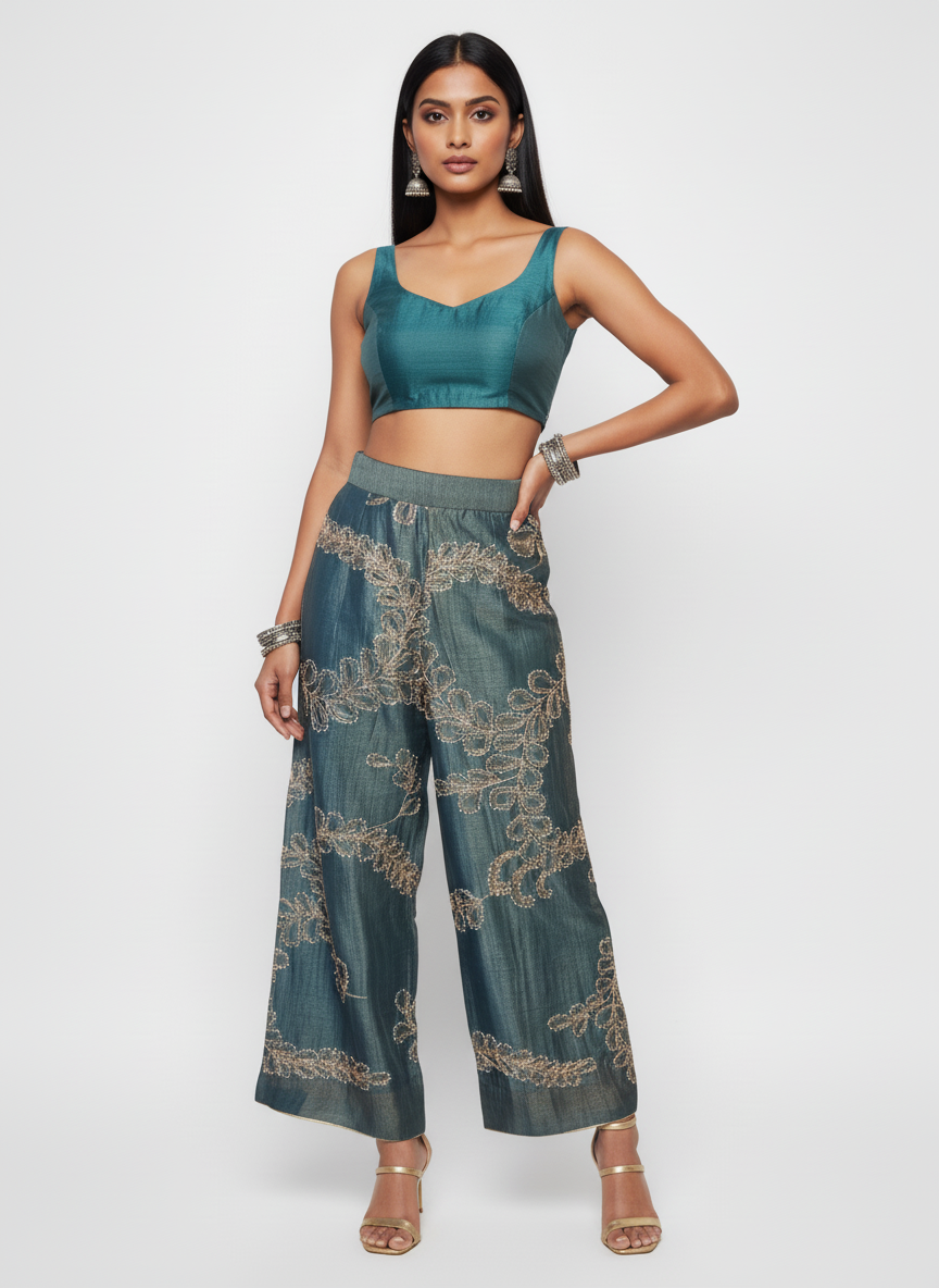 Formal Silk Linen Embroidered Palazzo pant (VKSKT01MAR16)