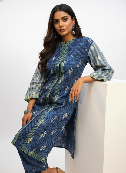 Semi Stitched Cotton Indigo blockprinted Kurta