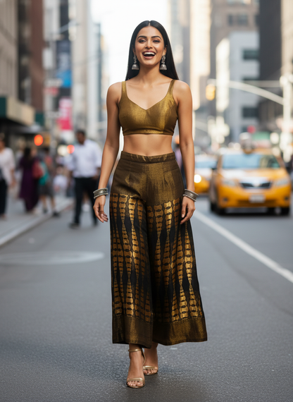 Woman in gold and black plazzo on a city street