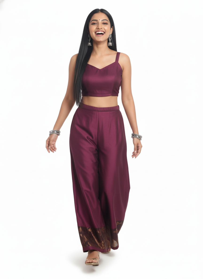 Woman wearing a purple plazzo with a top on a white background