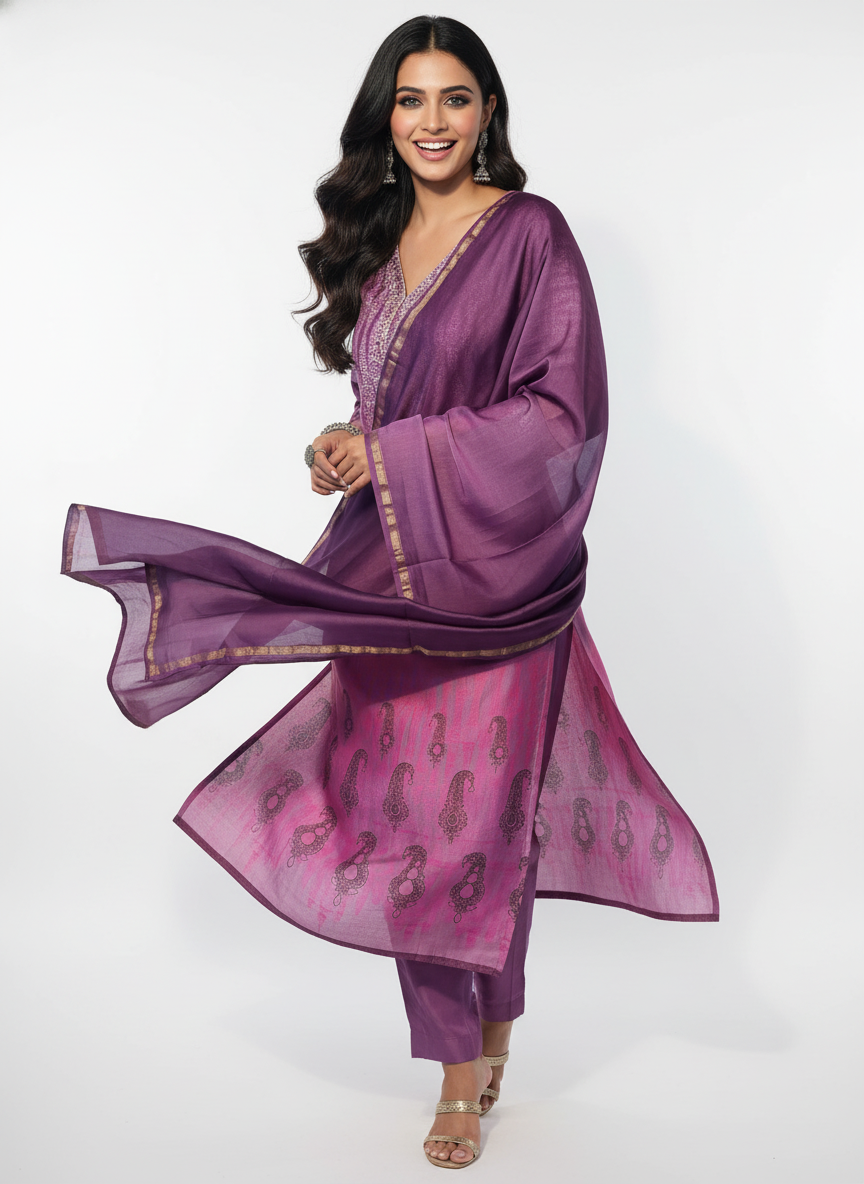 Semi Stitched Chanderi Casual Suitset