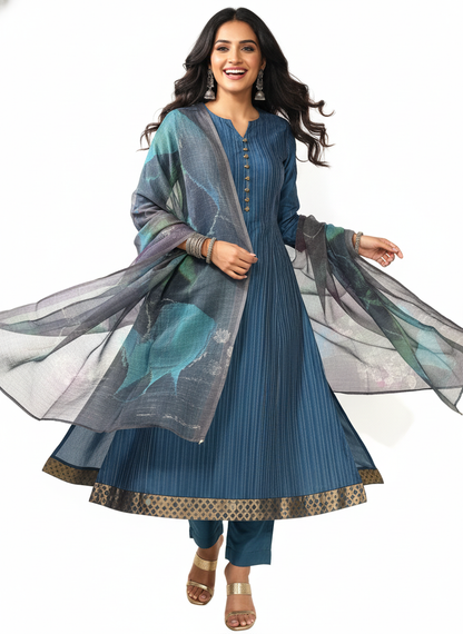 Semi Stitched Chanderi Casual Suitset