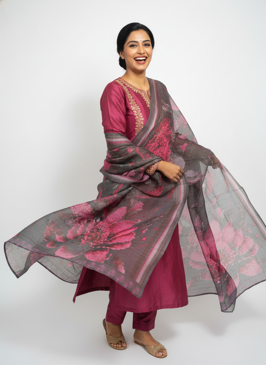 Printed silk linen Dupatta