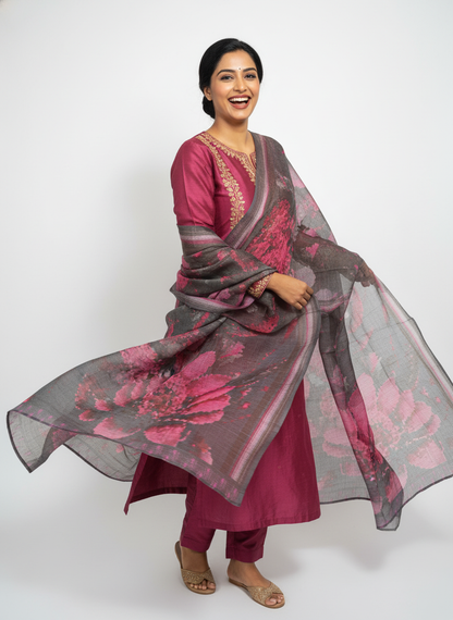 Printed silk linen Dupatta