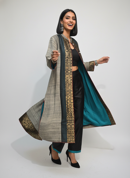 Stitched tassar silk long Jacket