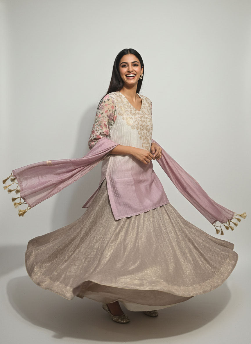 Stitched embroidered textured gold lilac skirt set