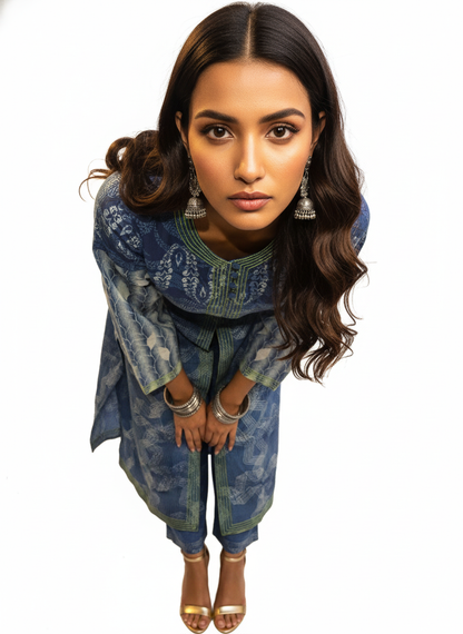 Semi Stitched Cotton Indigo blockprinted Kurta
