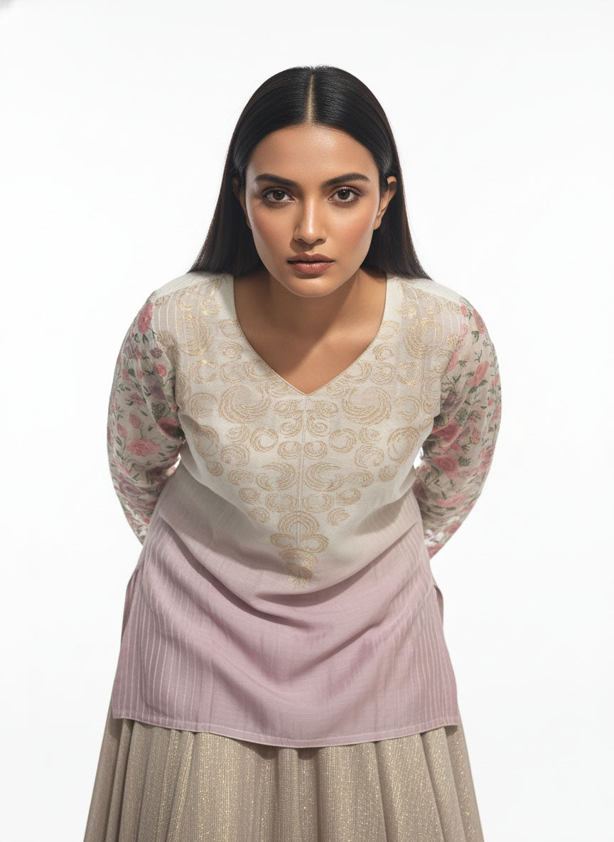 Stitched embroidered textured gold lilac skirt set