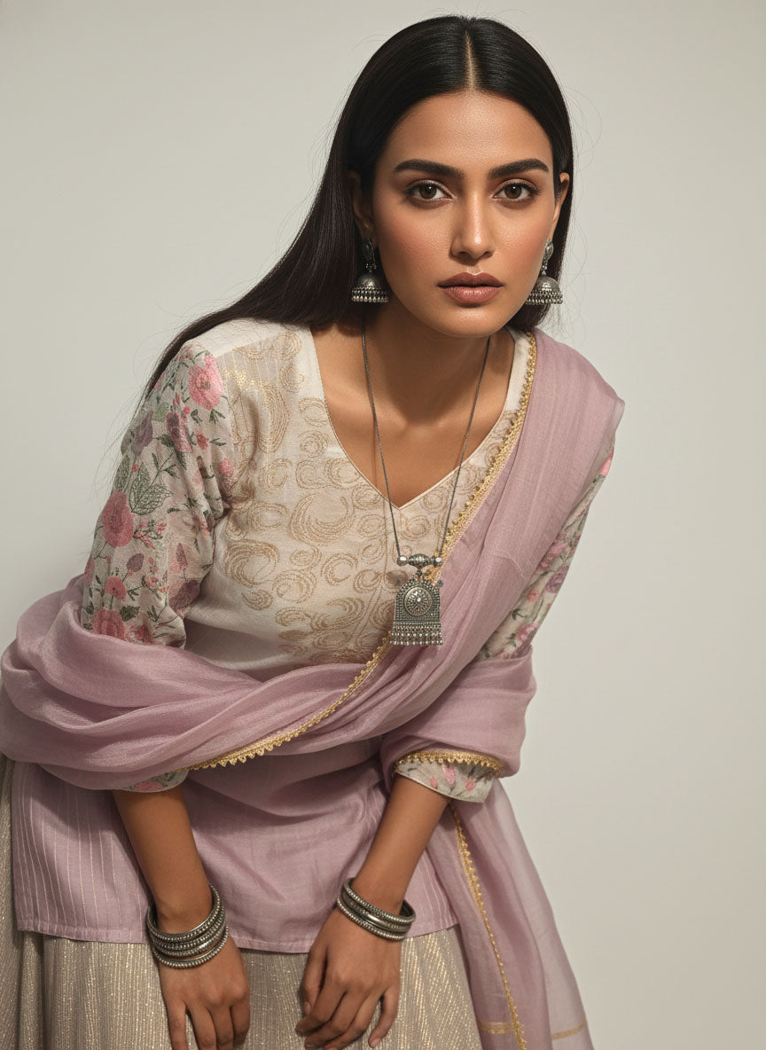 Stitched embroidered textured gold lilac skirt set