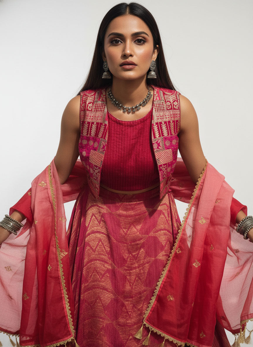 Stitched Chanderi brocade skirt set