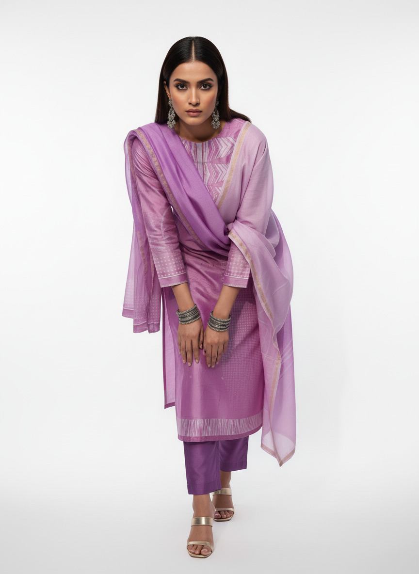 Semi Stitched Chanderi Casual Suitset