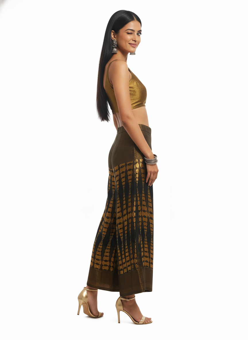 Woman wearing a gold and black patterned plazzo on a white background