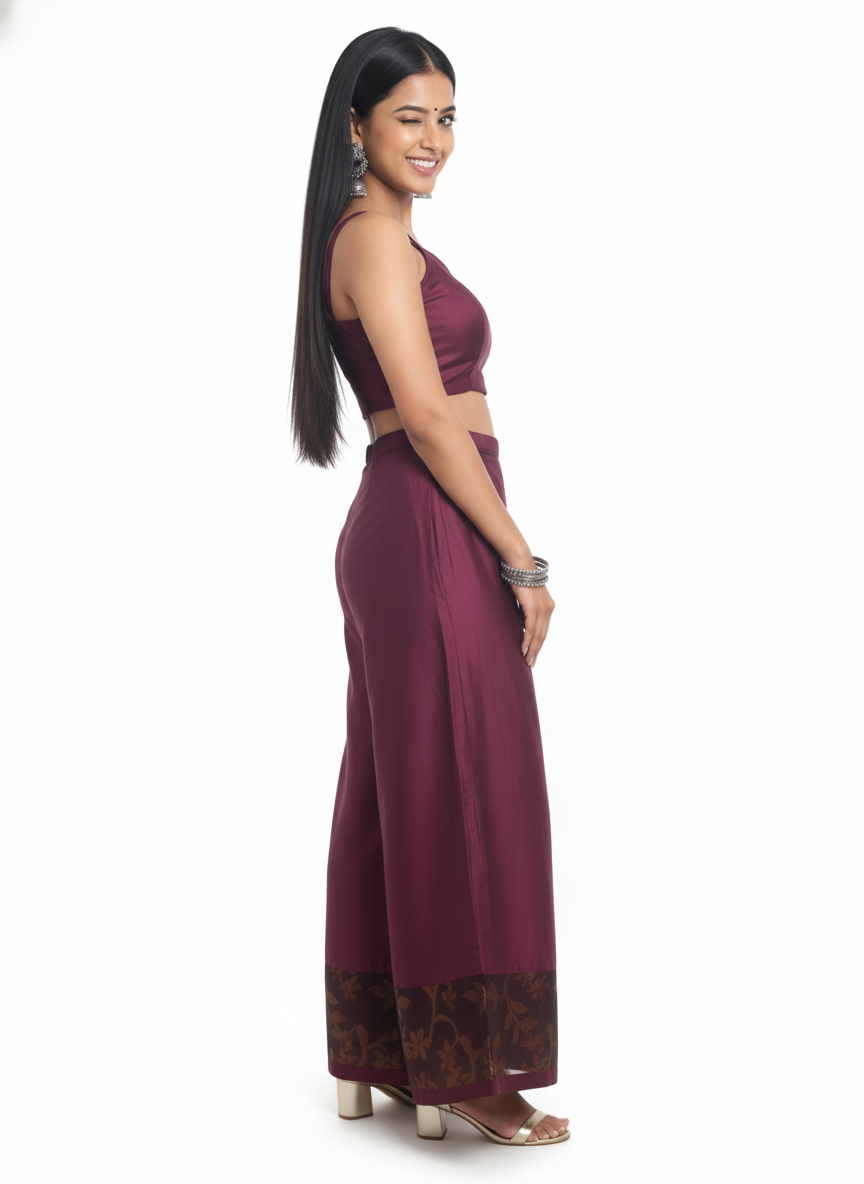 Woman wearing a purple plazzo  on a white background