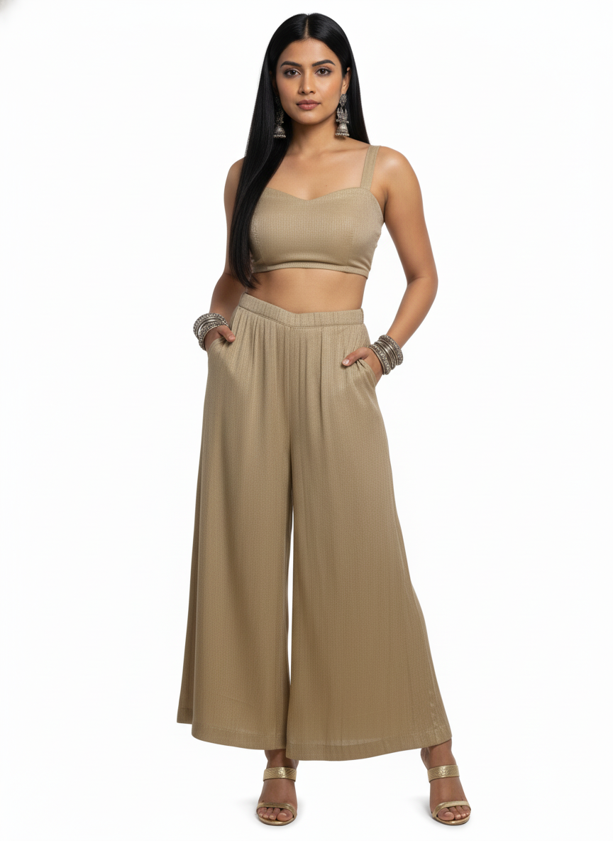 Woman wearing a beige top and wide-leg plazzo pant on a white background