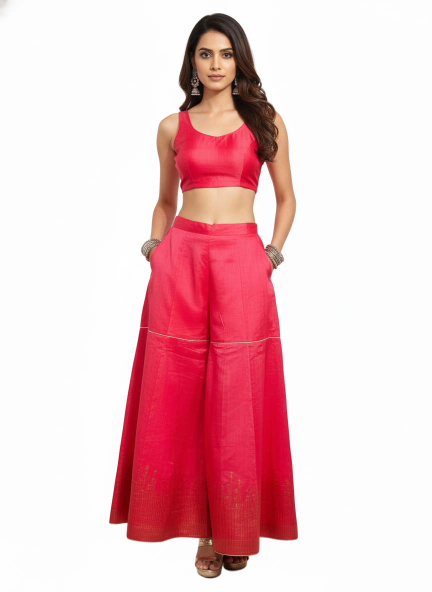 Woman wearing a bright pink traditional plazzo pant on a white background